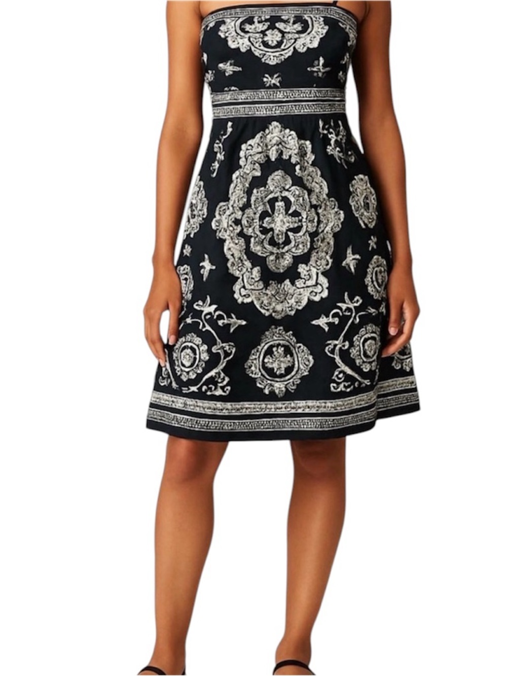 WHBM black white medallion damask print Silk Dress w/detachable spaghetti straps
